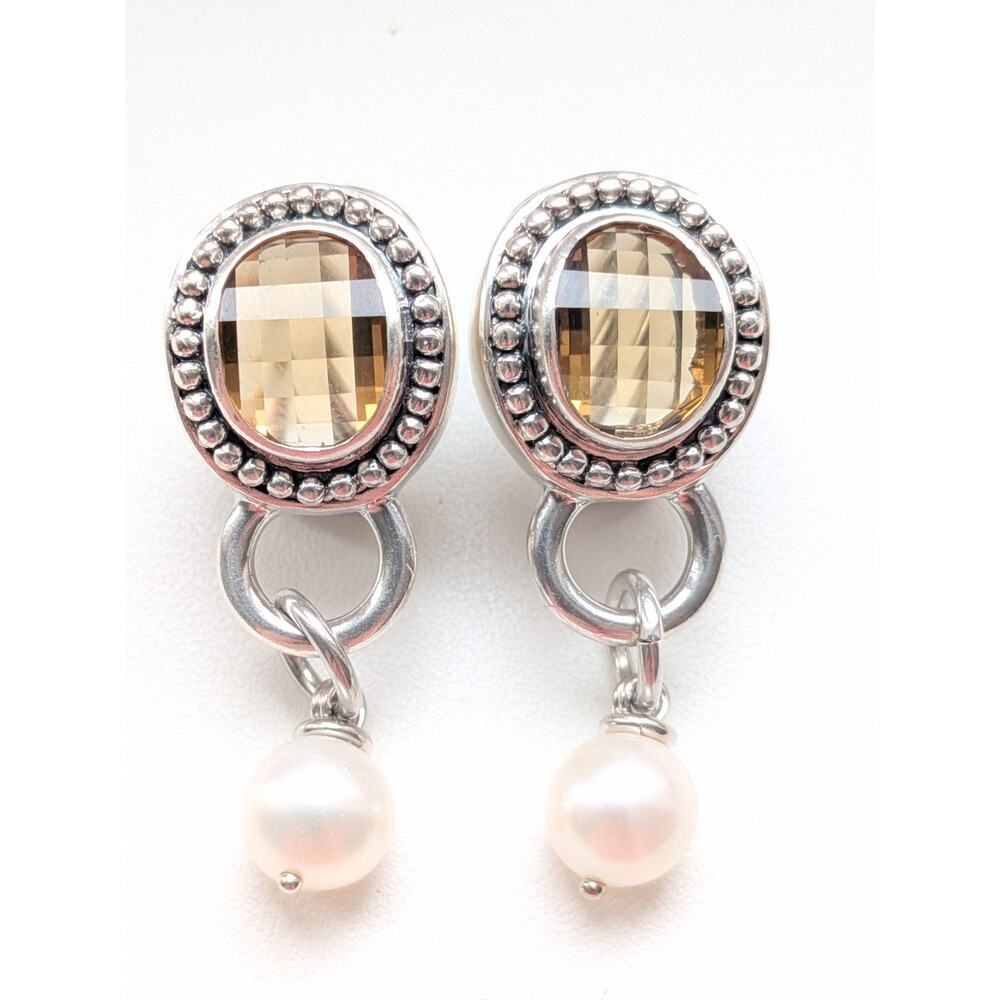 Michael Dawkins White Pearl Smoky Quartz Drop Earrings in 925 Sterling Silver